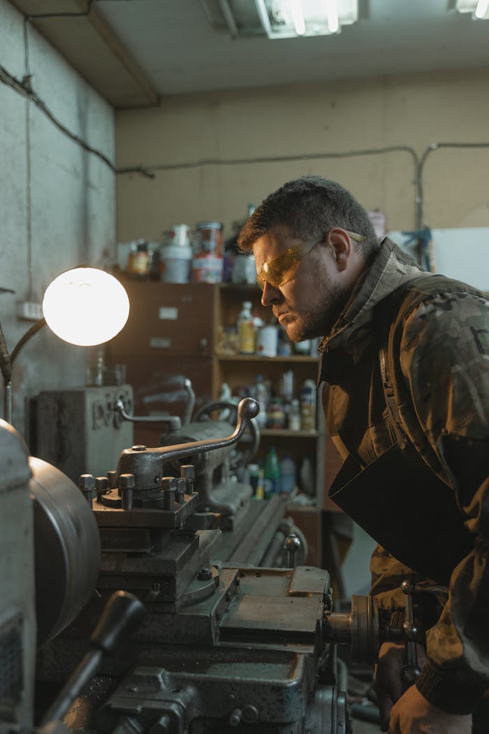 Caucasian male factory worker using a lathe machine in an industrial setting.